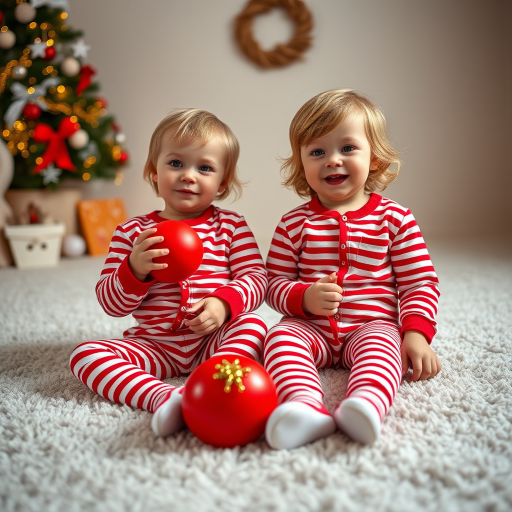 Create an image of two children sitting on a soft, plush carpet in matching red and white striped pajamas, holding a red ball and a decorative object, captured from a low angle with a shallow depth of field using a DSLR camera at f/2.8, ISO 200, and 50mm lens for vibrant colors and clarity.