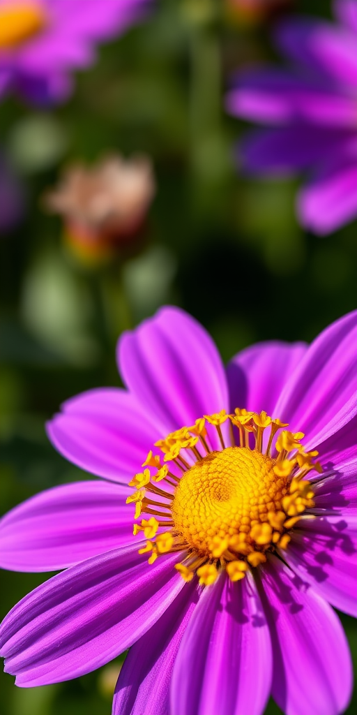 Create a vibrant, stylized illustration of a purple flower with a yellow center, using a DSLR camera with a 50mm lens, f/2.8 aperture, ISO 100, and shooting from a slightly elevated angle to enhance depth, with natural lighting to capture vivid colors and sharp detail.
