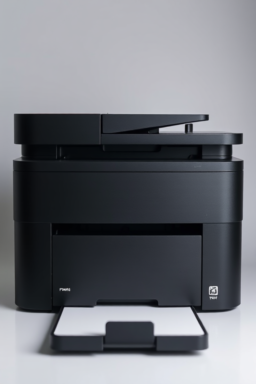 Create an image of a modern printer with a sleek design, viewed from the back, with glossy finishes, high resolution, using a DSLR camera at f/8 aperture, ISO 100, 50mm lens, softbox lighting for even illumination.