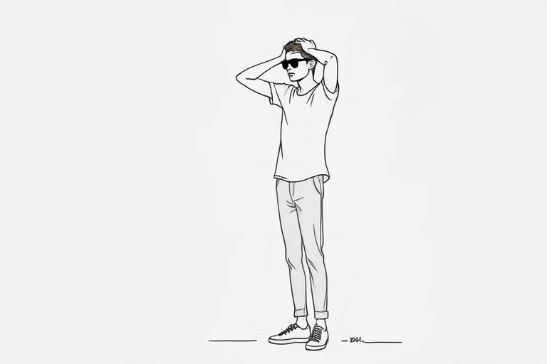 Create a minimalist line drawing of a tall, slender figure with sunglasses, standing with hands on its head, use a Canon EOS R5 camera, ISO 100, aperture f/8, focal length 50mm, with natural lighting and a soft-focus background.