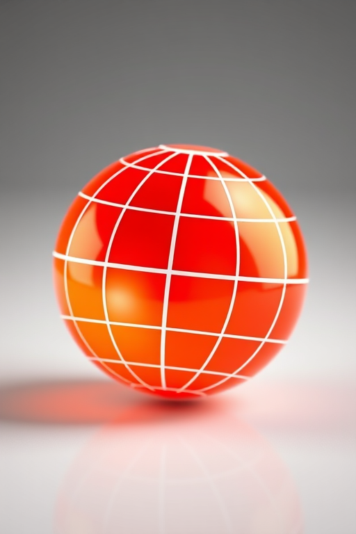 Create a high-resolution image of a glossy orange globe icon with white lines representing longitude and latitude, using a shallow depth of field, captured at f/2.8, ISO 100, 50mm lens, in a studio setting with soft diffused lighting.