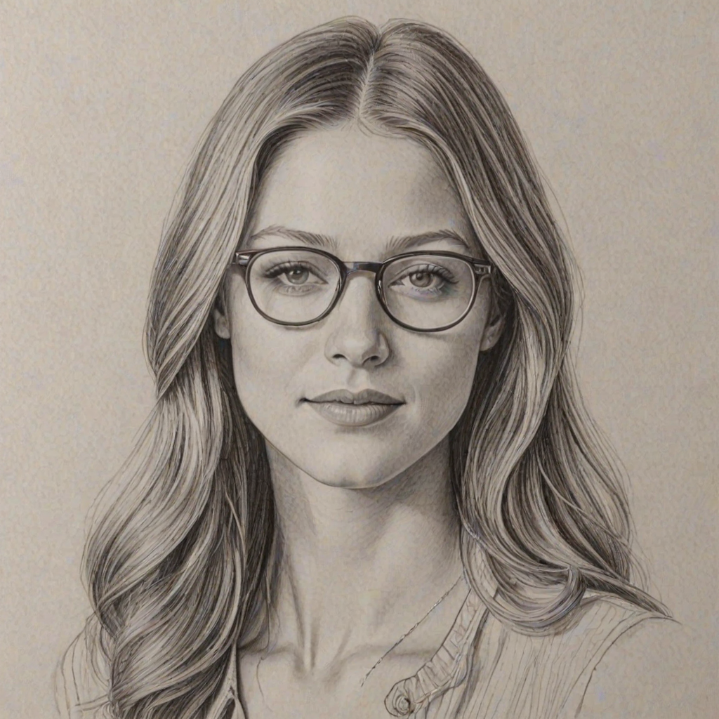 Appealing Melissa Benoist, pencil sketch, portrait of Splendid woman 1976s in glasses, hair style beatnik, outline, clear lines, fine lines, 8k