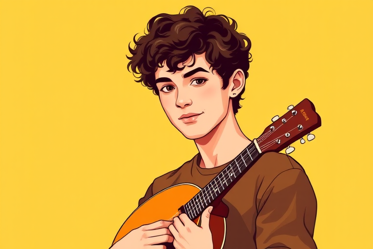 Create a vector illustration of a young man with curly hair holding a mandolin, set against a solid bright yellow background, captured with a 50mm lens, f/2.8 aperture, ISO 100, portrait view, in a digital art style that emphasizes smooth lines and vibrant colors.