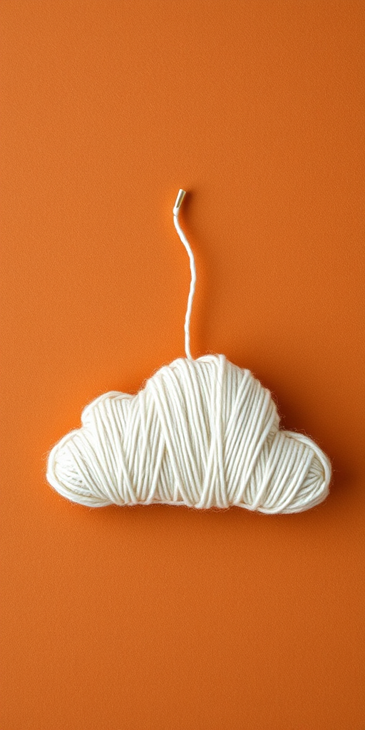 Create an image of a stylized cloud stitched together with thread and a sewing needle against a warm terracotta background, shot with a Canon EOS R5, aperture f/5.6, ISO 100, 50mm lens, in a flat lay perspective to enhance detail and texture.