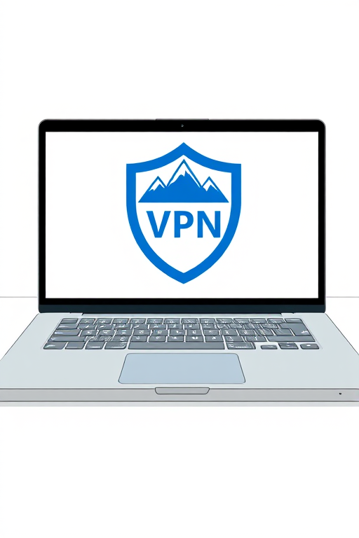 Create a high-resolution digital illustration of a laptop displaying a stylized blue shield logo with mountains and the text "VPN" centered on the screen, using a clean and modern design, captured with a Canon EOS R5 at f/2.8, ISO 100, 1/125s, using a wide-angle lens for an immersive view.
