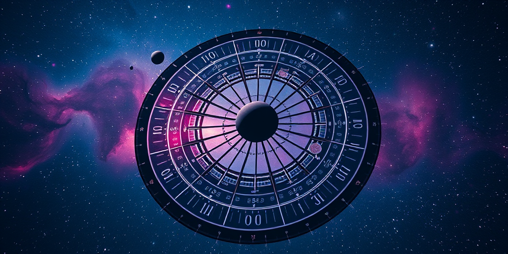 A cosmic celestial wheel with planets and stars, vibrant nebula background, 50mm lens, f/8 aperture, ISO 100, shot from a low angle perspective with a digital SLR camera.