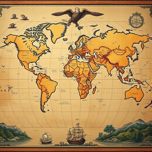 Create a vintage-style world map with detailed cartography featuring ships and mythical landscapes, using a Canon EOS 5D Mark IV, 50mm lens, f/8 aperture, ISO 100, in landscape orientation with high dynamic range.