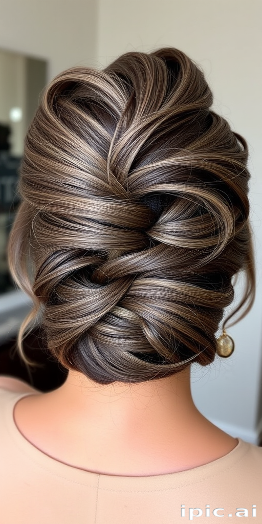 Sophisticated lady flaunting a polished French twist updo with a subtle smoky gray balayage, featuring wispy tendrils and a glossy finish