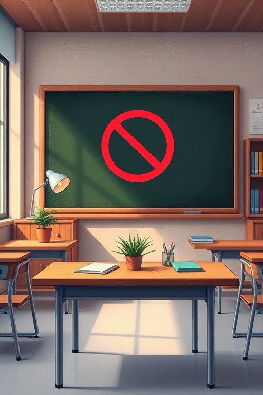 create a detailed illustration of an empty desk in a classroom setting with a blackboard featuring a no symbol for a person, include a potted plant, stationery, a lamp, bookshelves in the background, use a Canon EOS R5 camera with a 24-70mm lens, aperture f/4, ISO 100, shutter speed 1/60 seconds, slightly elevated view and soft lighting for enhanced quality
