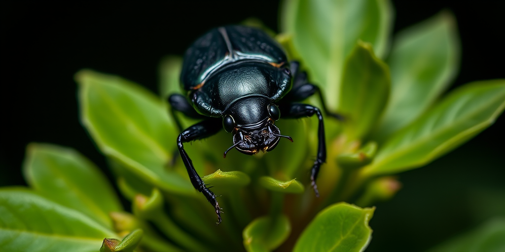 Close-up of a rhinoceros beetle on green foliage, shot with a macro lens at f/8 aperture, ISO 100, 1/200s shutter speed, centered composition, natural light with a dark background, high-resolution DSLR camera.