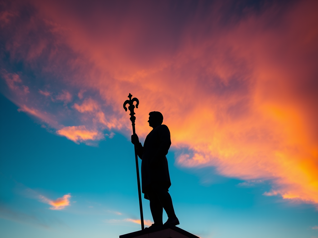 silhouette of a statue of a man with a staff against a colorful sunset sky, shot with a DSLR camera at f/8 aperture, ISO 100, 1/200 sec shutter speed, from a low angle view with a wide-angle lens for depth and clarity