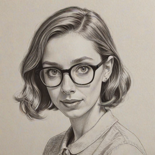 Pleasing Lauren Lapkus, pencil sketch, portrait of Wonderful woman 1956s in glasses, hair style beatnik, outline, clear lines, fine lines, 8k