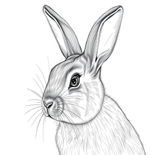 Create a highly detailed line drawing of a rabbit, captured in soft natural light, using a Canon EOS 5D Mark IV, 50mm lens, aperture f/2.8, ISO 100, 1/200s shutter speed, taken from a side view to highlight texture and depth.