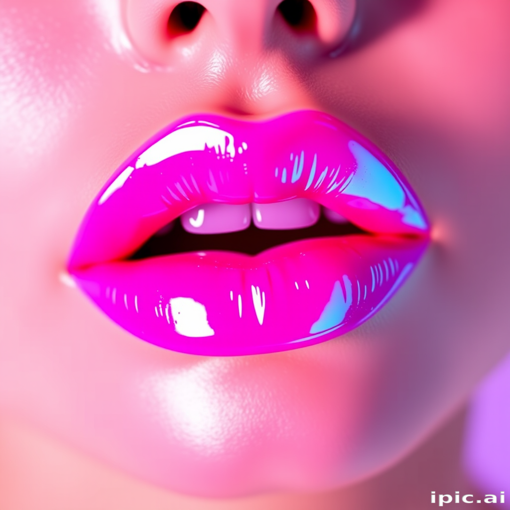 Glossy neon pink lips with a high-shine finish, dubbed "Electric Bubblegum," display a vibrant, attention-grabbing color and ultra-reflective surface