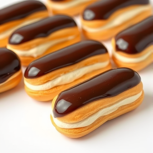 Create an image of several delicious eclairs filled with creamy vanilla frosting and topped with shiny chocolate glaze arranged on a white surface. The eclairs should have a golden brown pastry exterior and a rich contrast between the dark chocolate and the light cream filling.