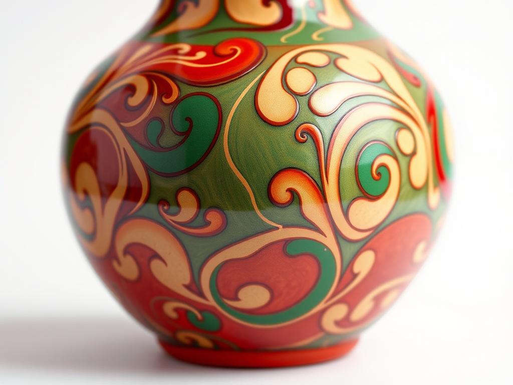 Generate a colorful decorative vase with intricate swirls and patterns in red, green, and beige colors, shot in high resolution using a DSLR camera, aperture f/2.8 for a shallow depth of field, 50mm lens for sharp details, and soft studio lighting to enhance texture.