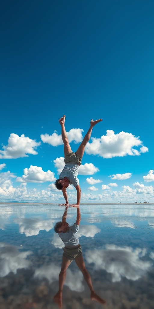 a person doing a handstand on a reflective surface with a bright blue sky and fluffy clouds in the background, shot with a Canon EOS R5, 24mm lens, f/8 aperture, ISO 100, 1/200 second shutter speed, landscape orientation, HDR style for enhanced details