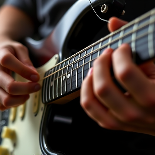 create an image of a close-up hand playing an electric guitar with a high contrast, use a 50mm lens, f/1.8 aperture, ISO 200, natural lighting, and a shallow depth of field to enhance details and focus on the guitar strings