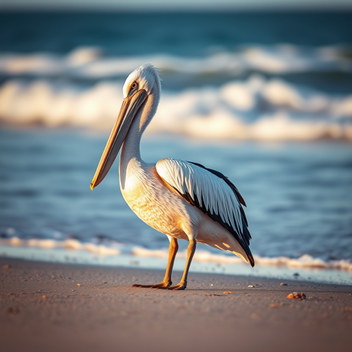 Create a high-resolution illustration of a pelican standing on the beach, captured with a Canon EOS R5 camera, 50mm lens, f/2.8 aperture, ISO 100, soft natural lighting, enhanced colors, and a shallow depth of field to focus on the pelican while softly blurring the background.