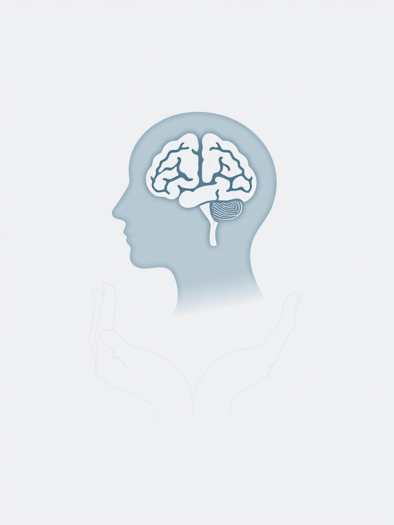 A minimalistic graphic featuring a silhouette of a head in profile with a brain illustration inside, supported by two hands below, high resolution, 300 DPI, soft lighting, shallow depth of field, taken with a DSLR camera at f/2.8, 50mm lens, ISO 100, natural light.