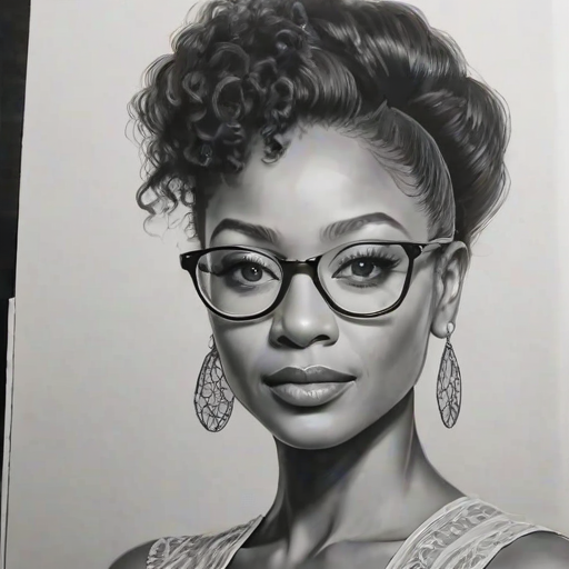 Pleasing YaYa DaCosta, pencil sketch, portrait of Magnificent woman 1942s in glasses, hair style beatnik, outline, clear lines, fine lines, 8k