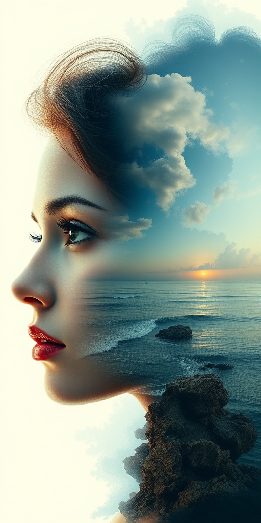 design Book cover, A surreal double exposure portrait that blends a woman's face with a beautiful seascape. The overall mood is dreamy and mystical, with rich colors and intricate details