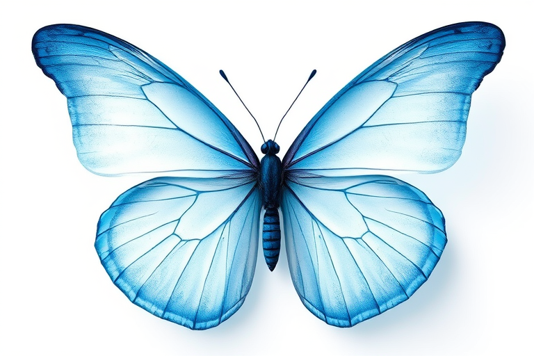 Create an image of a delicate blue butterfly with translucent wings, set against a plain white background. The wings should have soft gradients of blue, showcasing intricate details and a gentle elegance.