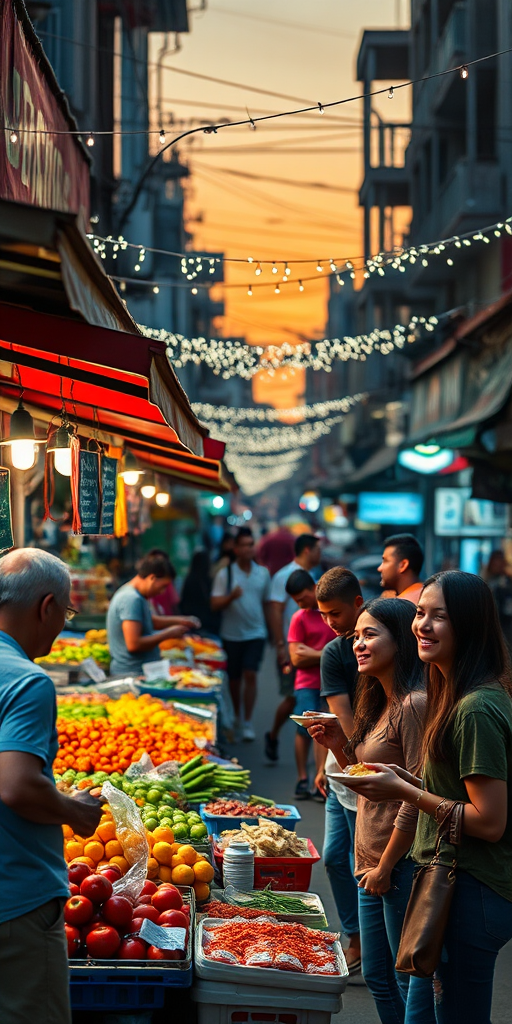 Bustling street market at dusk, vibrant stalls displaying fresh fruits and vegetables, a vendor cheerfully calling out prices, and a group of friends laughing as they sample local delicacies, with twinkling lights strung overhead.