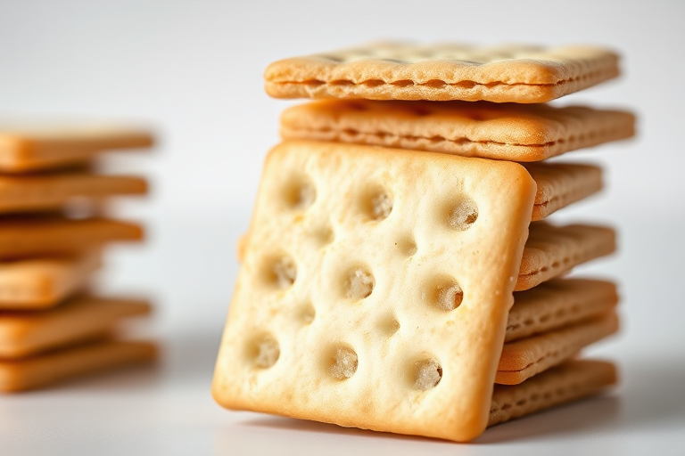 Create a high-resolution, close-up image of a stack of square crackers with one cracker leaning against the stack, use a 50mm lens at f/2.8, shot in natural light from a slightly elevated angle, with a clean, white background for clarity and focus.