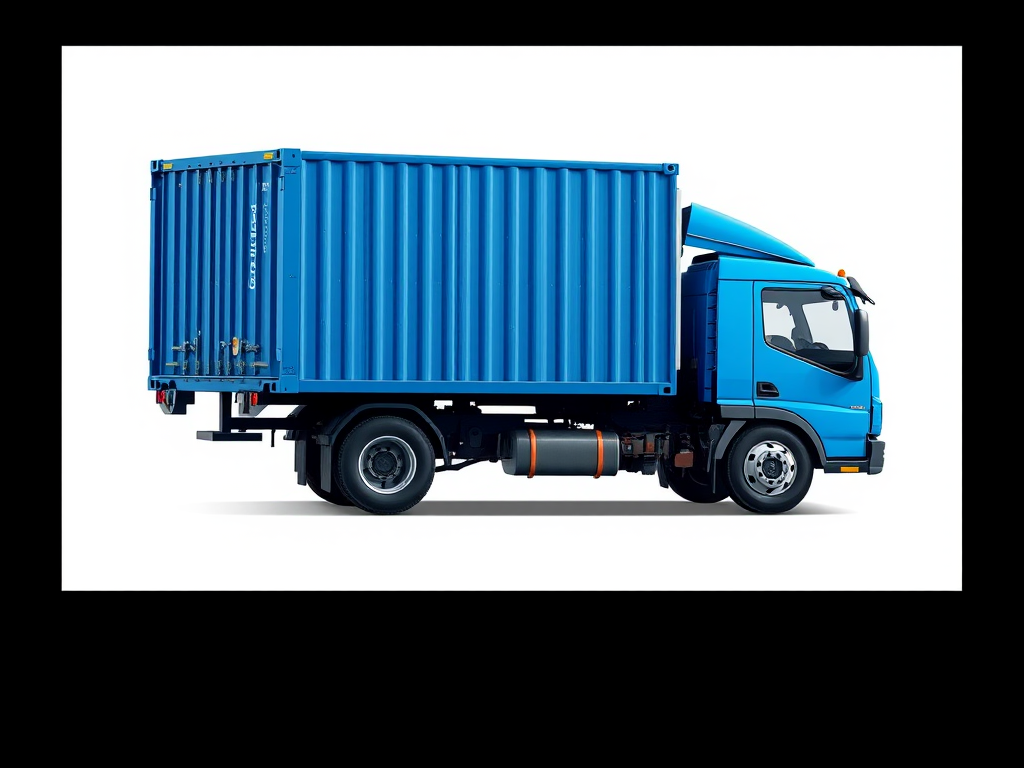 Create a high-resolution illustration of a side view of a blue delivery truck with a container, using a Canon EOS 5D Mark IV, 50mm lens, f/2.8, ISO 100, with Studio lighting and a clean white background.