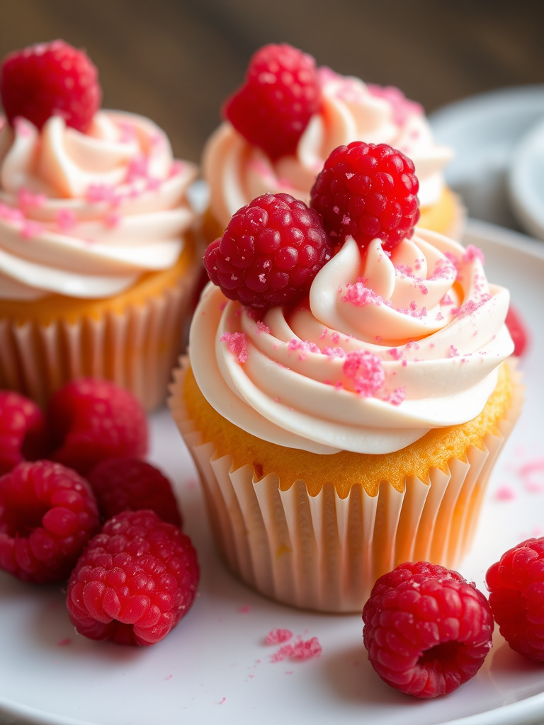 Delicious raspberry cupcakes with swirls of creamy frosting topped with fresh raspberries and a sprinkle of pink sugar on a white plate with additional raspberries around them.