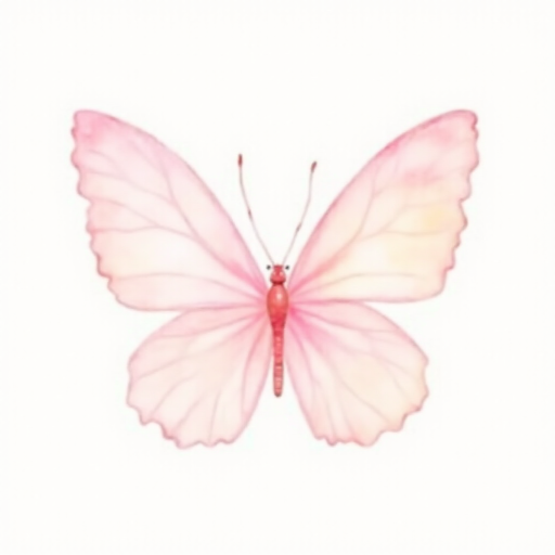 Create a watercolor illustration of a delicate pink butterfly with soft gradient wings, showcasing shades of light pink and cream. The butterfly should be depicted from a side view, highlighting its intricate wing patterns and gentle curves. The background should be minimal to emphasize the beauty of the butterfly.