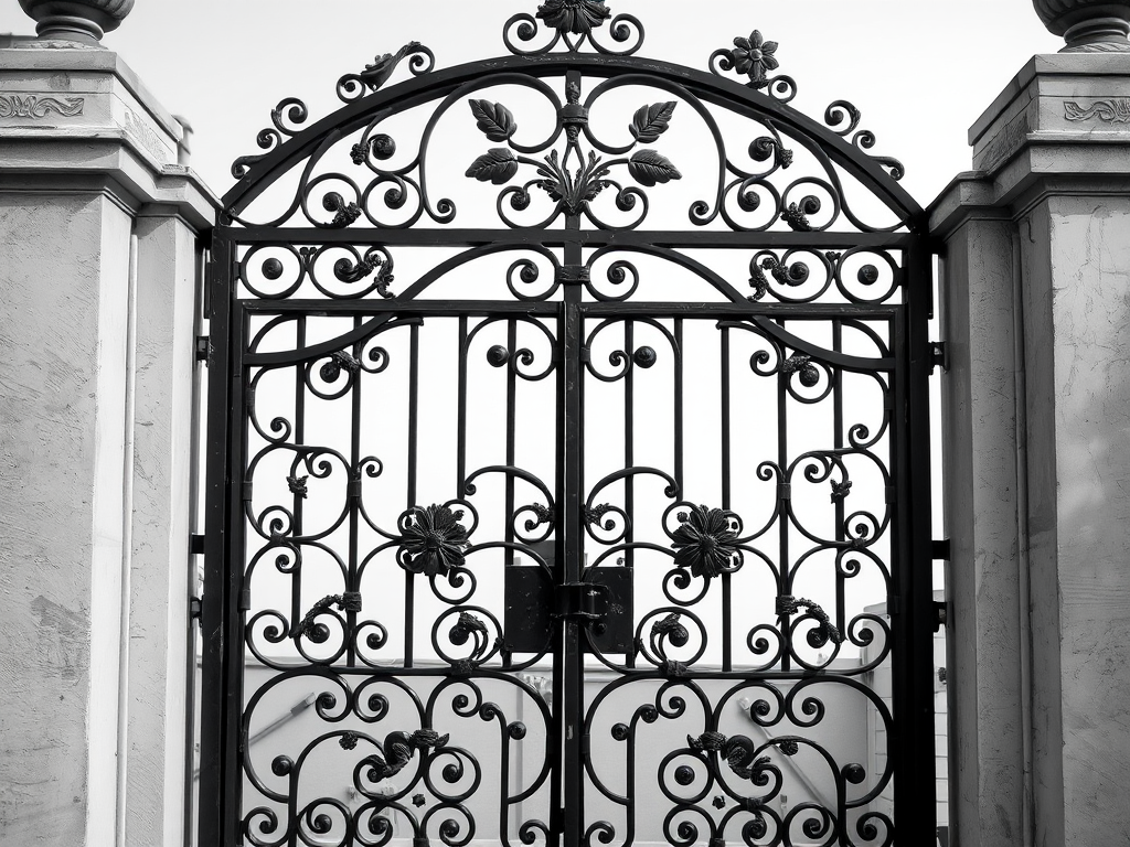 Regenerate the image of an ornate wrought iron gate with floral designs, captured from a frontal view using a DSLR camera with a 50mm lens, aperture set to f/2.8, ISO 100, and a monochrome filter applied for enhanced contrast and detail.