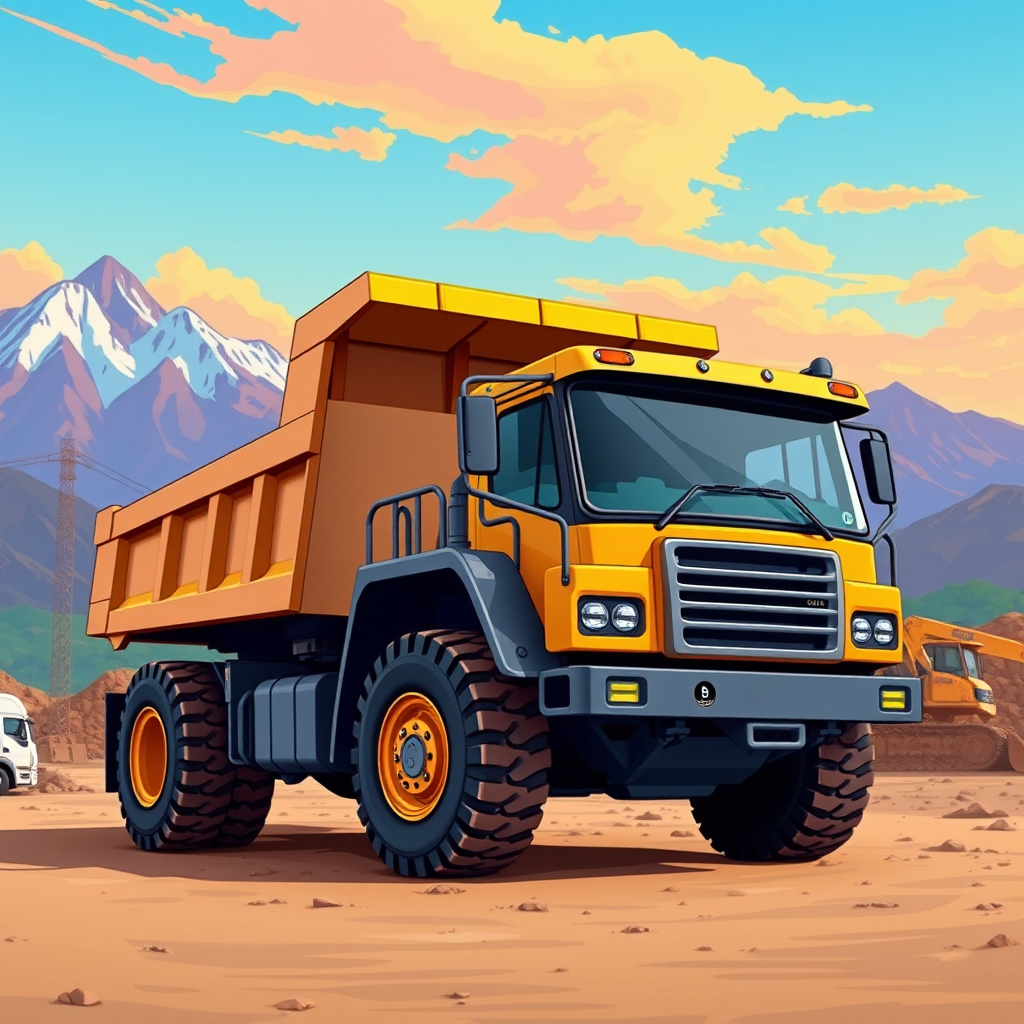 Create a high-resolution digital illustration of a stylized dump truck in a construction setting with a vibrant background of mountains and a clear sky, using a Canon EOS R5 with a 50mm lens, aperture set to f/4, ISO 100, and a wide-angle perspective to capture the truck in sharp detail against the colorful backdrop.