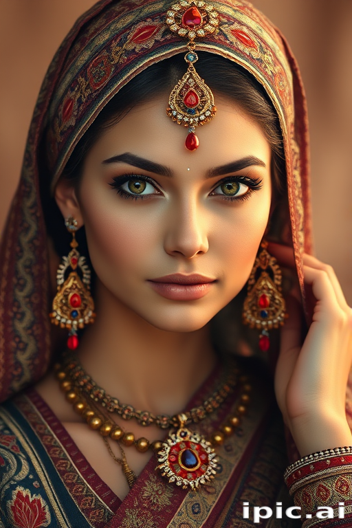 Create a portrait of a beautiful woman with striking hazel eyes and a gentle expression. She is adorned in traditional attire with intricate patterns, including a richly embroidered headscarf and matching garments. Her jewelry includes a delicate headpiece, dangling earrings, and ornate bracelets, all featuring vibrant gemstones and detailed metalwork. The background is soft and warm, enhancing the rich colors of her outfit and jewelry.