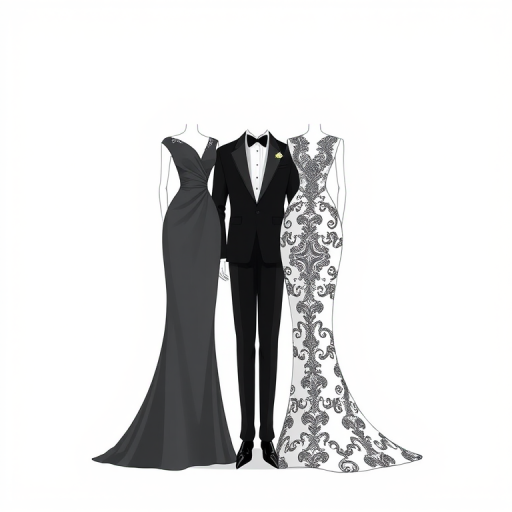 Create a high-resolution illustration of two elegant dresses and a tuxedo standing side by side, showcasing intricate patterns on the dresses with a classic black and white theme, soft diffused lighting, shallow depth of field, 50mm lens, f/1.8 aperture, captured with a digital DSLR camera.