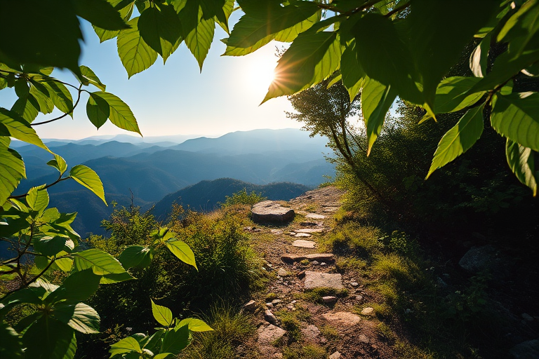 Generate a vibrant landscape image of a sunlit mountain path with the sun shining through green leaves in the foreground, using a Canon EOS R5, 24mm f/2.8 lens, ISO 100, aperture f/8, shutter speed 1/200s, capturing a wide-angle view with a focus on both the foreground leaves and distant mountains for enhanced depth and clarity.