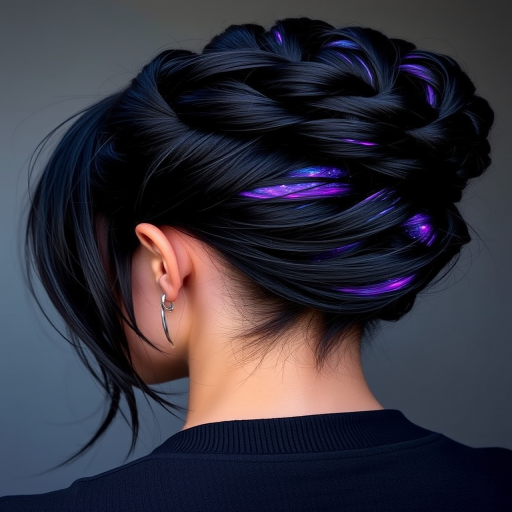 Dramatic jet black hair with hidden galaxy underlights, Cosmic Noir creation, revealing vibrant purples, blues, and silvers when styled in an updo or braids