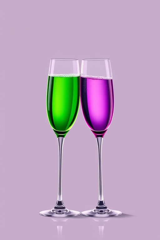 Create an illustration of two champagne glasses clinking, one green and one purple, in a minimalist style, using a 50mm lens, f/2.8 aperture, ISO 100, with soft natural lighting and a shallow depth of field for enhanced detail.