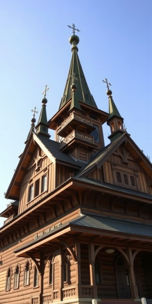 Generate an image of a traditional wooden church with multiple spires and a complex roof structure, captured with a DSLR camera at f/8 aperture, ISO 100, 24mm lens, shot from a low angle for dramatic perspective, in natural daylight to enhance details and textures.