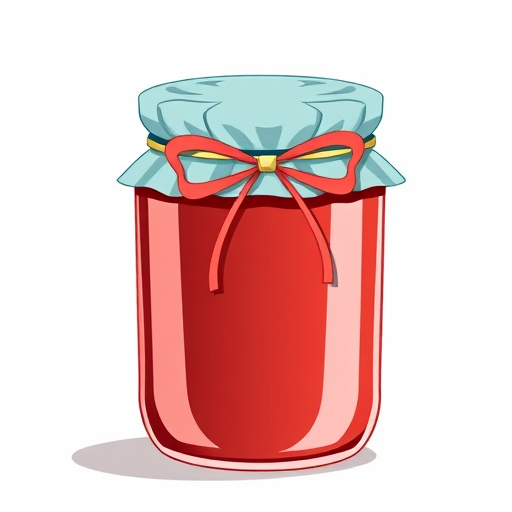 Create an illustrated image of a jar of jam with a light blue lid and a decorative bow, with a simple and clean background, taken with a DSLR camera at f/2.8 aperture, 50mm lens, natural lighting, and a shallow depth of field for enhanced clarity and detail.