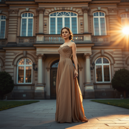 An elegant woman, dressed in a vintage gown, stands in front of a grand, historic building. The setting sun casts a warm, golden light on her