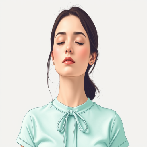 Create a high-resolution illustration of a woman with her eyes closed, wearing a tie-front mint green t-shirt, in a minimalist style, with soft lighting, shot with a Canon EOS R5, 50mm lens, f/2.8 aperture, and a light grey background to enhance contrast and detail.