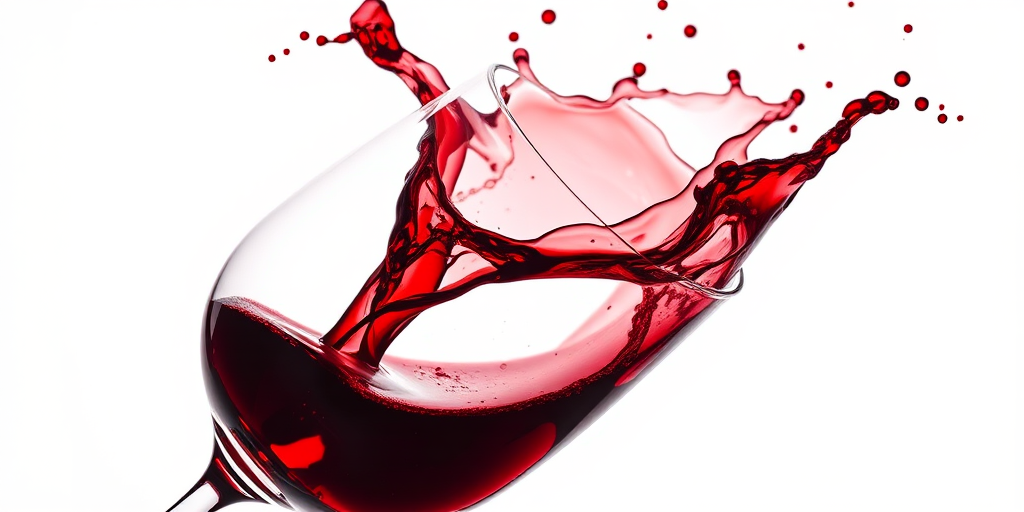 Capture a dynamically splashing red wine in a tilted glass, using a Canon EOS R5 with a 50mm f/1.2 lens, aperture set to f/2.8, ISO 100, shutter speed 1/1000s, in a high-key lighting setup against a white background for enhanced clarity and vibrancy.