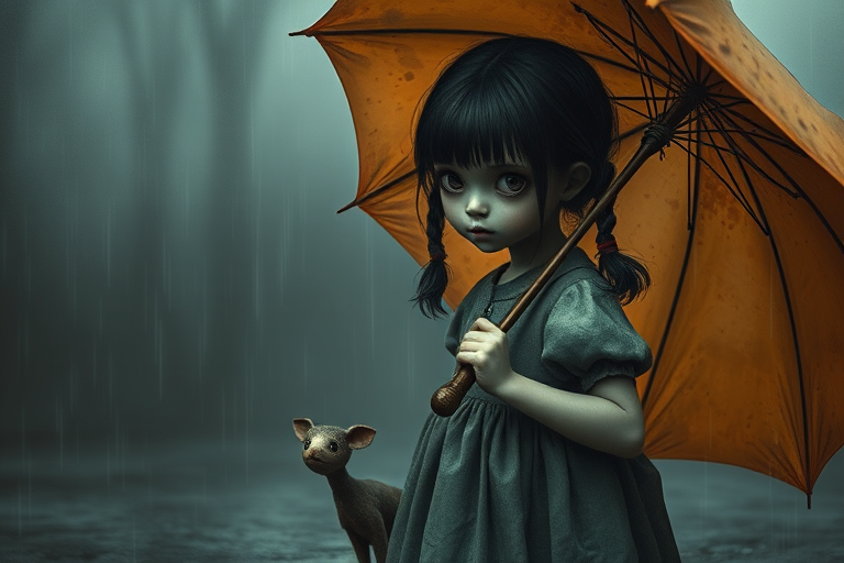 An eerie, weird little girl with dark hair in thin pigtails, wearing a smock dress, standing in the rain, holding a dirty orange umbrella, a small, odd creature beside her. In a surreal style inspired by Nicoletta Ceccoli and Brian Froud. Dark fantasy themes