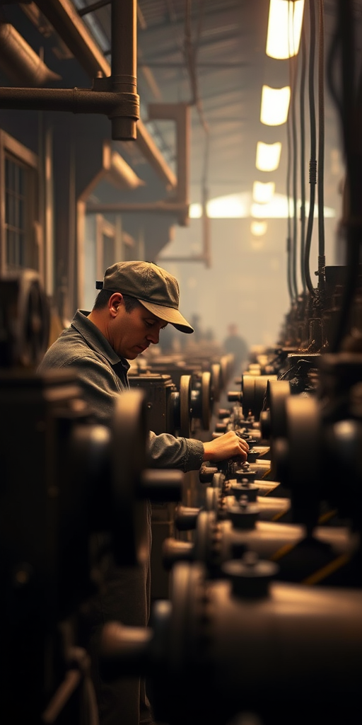 Capture a vintage factory scene featuring a worker operating machinery, illuminated by soft, dramatic lighting at f/5.6, ISO 400, shutter speed 1/125s, using a full-frame DSLR with a 50mm lens, at eye level to emphasize the worker's focus and intricate details of the machinery.