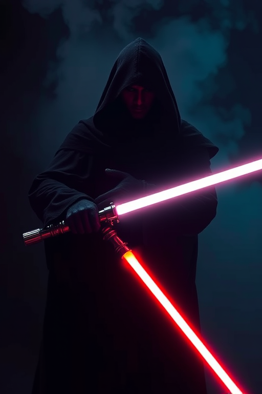Create an atmospheric image of a cloaked figure wielding a lightsaber, with dramatic low-key lighting, captured using a DSLR camera with a 50mm lens at f/1.8, ISO 100, shutter speed 1/125 sec, in a shallow depth of field to emphasize the figure against a smoky background.
