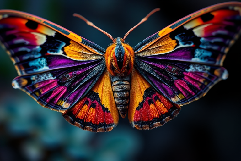 Create a vibrant illustration of a moth with intricate details on its wings, showcasing rich textures and patterns, captured with a macro lens at f/2.8 aperture, 1/200s shutter speed, and ISO 100, using a DSLR camera with natural light for enhanced color saturation and clarity.