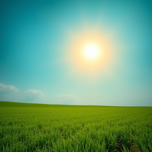 Create a vibrant landscape with a bright yellow sun in the top left corner against a turquoise sky and a lush green field below, captured with a DSLR camera at f/8 aperture, ISO 100, with a wide-angle lens at 24mm for enhanced depth and clarity.