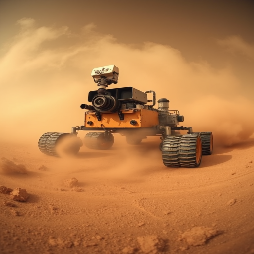 Capture a high-resolution image of a Mars rover in a dust storm, using a DSLR camera with a 24-70mm lens, f/8 aperture, ISO 200, 1/500 shutter speed, panoramic view from a low angle to emphasize the motion of the dust swirling around the rover.